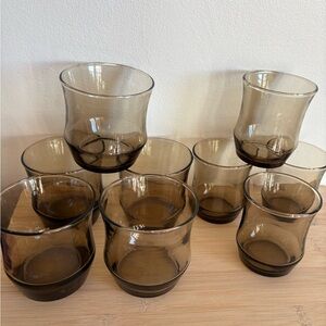 9 pc Vintage Libbey Smoky Tawny Wavy Rim Glass Tumblers